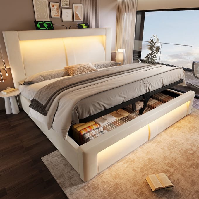 MODFU Bedframe 160x200 cm – Gebogen hoofdbord – LED met app & hydraulisch – Beige fluweel