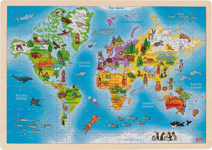 GOKI Puzzel - Wereld - 192 Stukjes - 46,5X33X1Cm - Hout - 4 Jaar