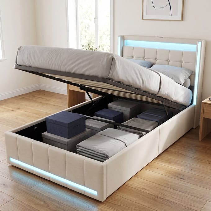 Gestoffeerd Opbergbed 90x200 cm - Hydraulisch Eenpersoonsbed met LED en USB - Linnen - Modern - Beige