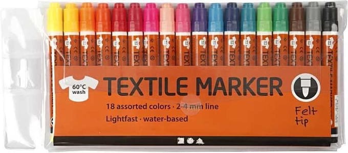 Textielstiften, lijndikte 2-4 mm, diverse kleuren, 18 stuk/ 1 doos