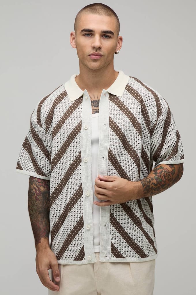 Gebreid Overhemd Met Ontspannen Pasvorm En Open Steek Streeppatroon | Brown | Size Medium