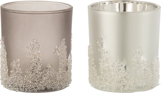 J-Line windlicht Suiker Frosted - glas - grijs/zilver - large - 2 stuks