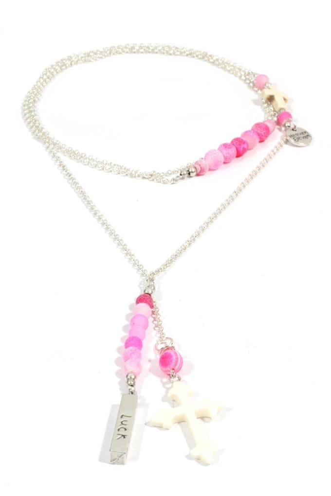 Heaven Eleven dames Ketting zilver plating - pink kralen - wit hertegewei kruisje
