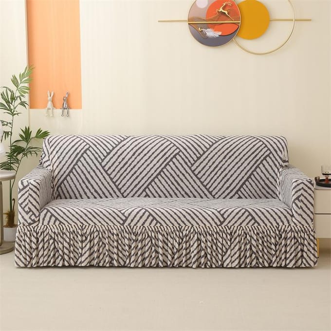 Housse de Canapé Élastique Imprimée avec Jupe pour Salon Housse de Canapé Modulaire Extensible Forme L Small white