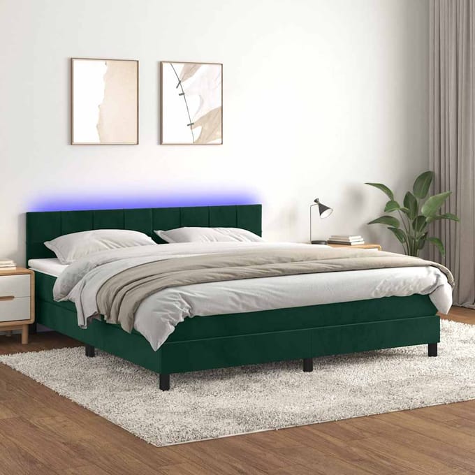 vidaXL - Boxspring - met - matras - en - LED - fluweel - donkergroen - 160x200 - cm