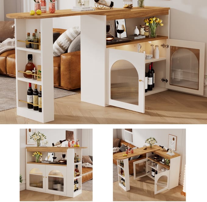 Bartafel - 138-193×39×105 cm - Uitschuifbaar & Draaibaar met LED - Met Opbergruimte - Wit