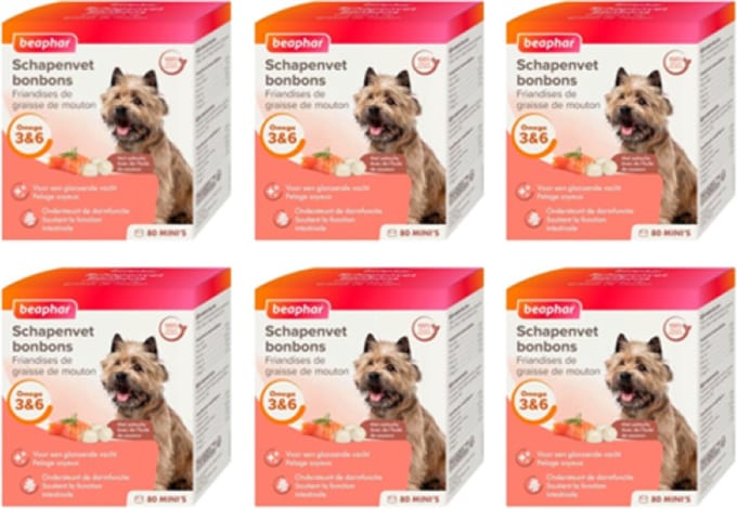 6x Beaphar Schapenvet Bonbons Mini met Zalm - Hondensnack - 245g