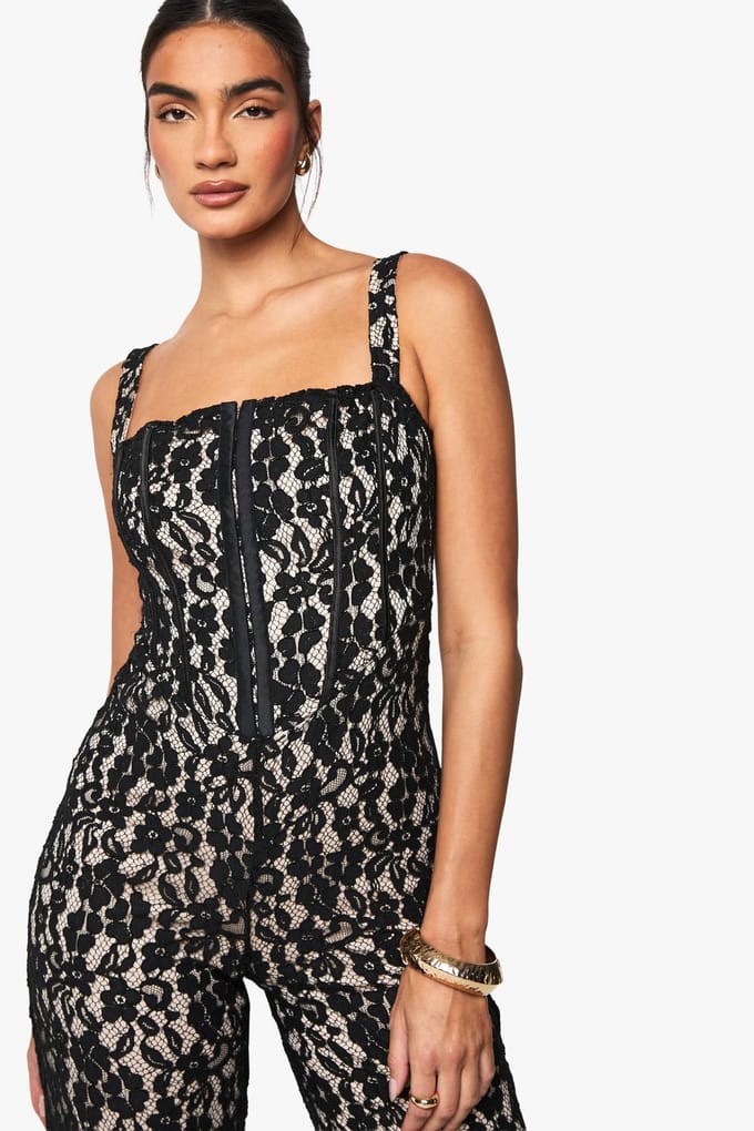 boohoo Dames Kant Korset Jumpsuit | Black | Maat: 14