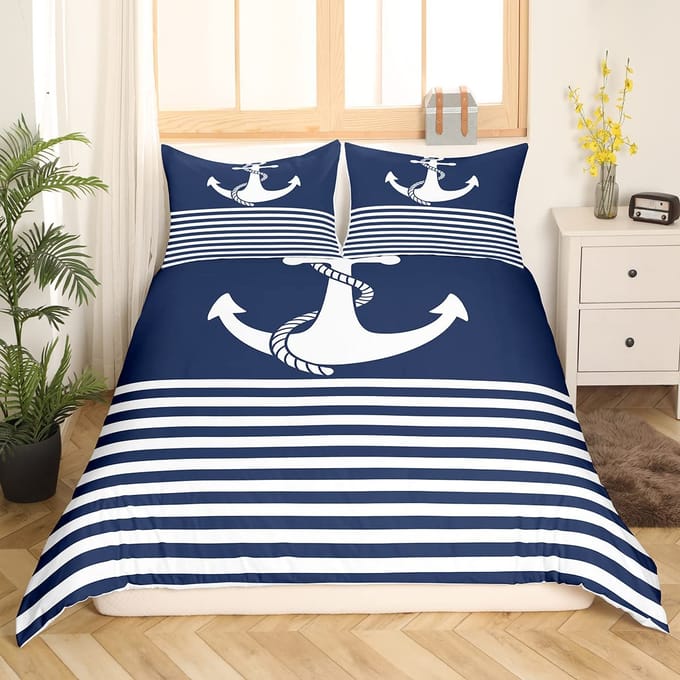 Nautisch Zeilboot King Queen Dekbedovertrek Kust Zeilboot Beddengoed Set Zeeavontuur Dekbedovertrek Polyester Dekbedovertrek 140x210cm 2pcs