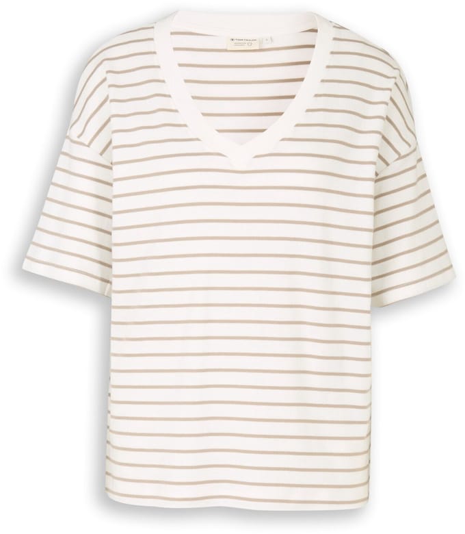 Tom Tailor - Oversized T-shirt met streepjesmotief - Maat XS - white beige irregular stripe