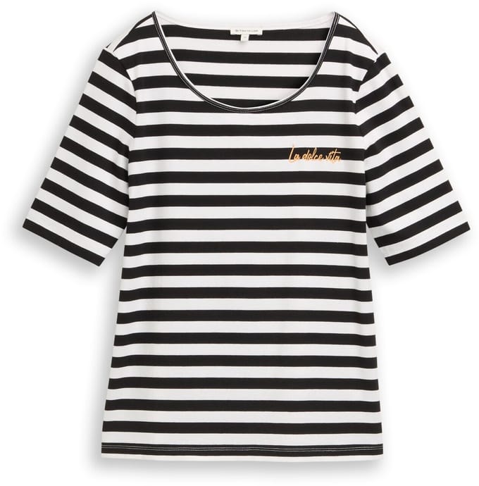 Tom Tailor - T-shirt met borduursel - Maat XL - black white stripe