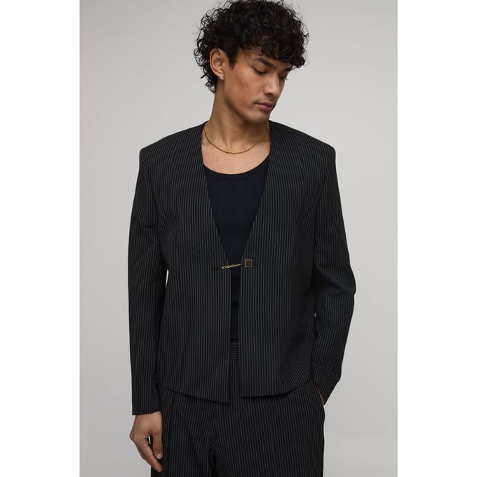 Krijtstreep Oversized Boxy Kraagloze Blazer | Black | Size 42