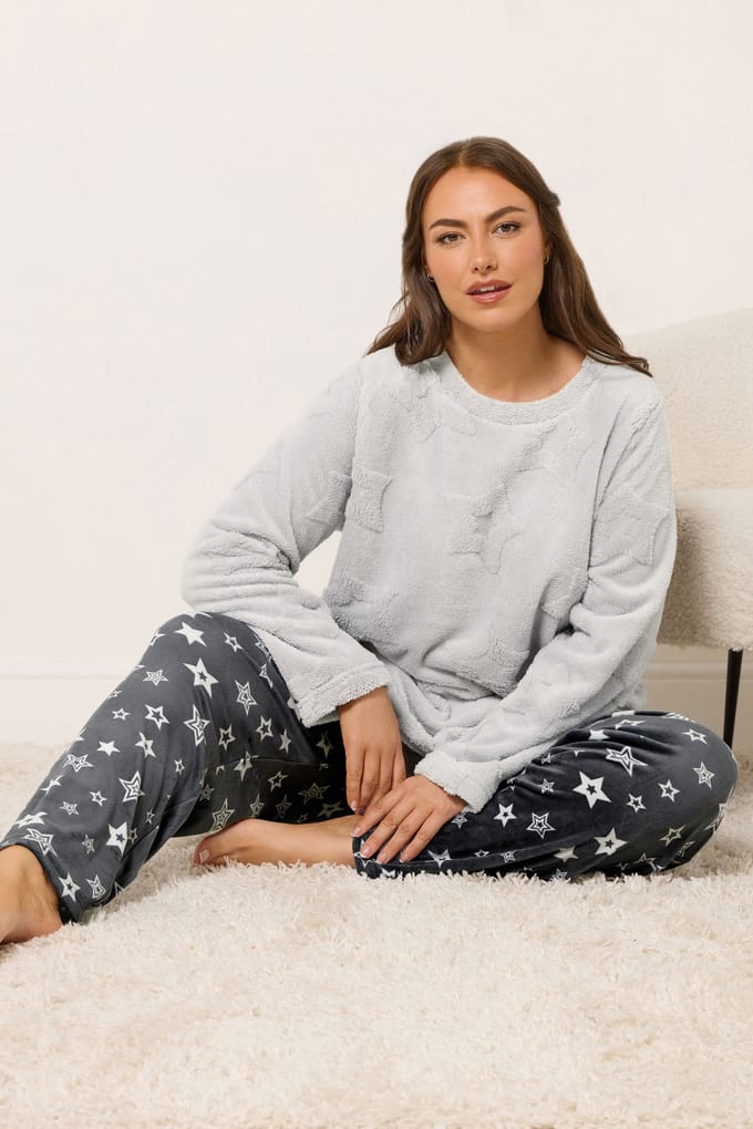 Yours Grey Embossed Star Borg Lounge Set Size 46-48