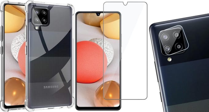 Hoesje geschikt voor Samsung Galaxy A42 - Transparant Shock Proof Cover Case + Screen Protector Glas + Camera Protector