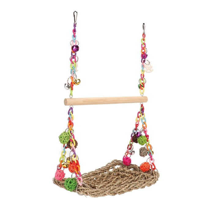 Vogel Zeegras Schommel Speelgoed Kleurrijke Rotan Ballen Dubbellaags Papegaai Klimhangmat Schommel met Hout beige