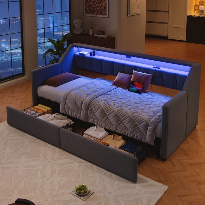 REDOM Dagbed met Uitschuifbed – Met USB-C, LED-lichtstrip & 2 laden – Linnen – Grijs – 90 x 200 cm