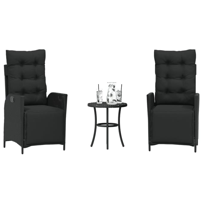 vidaXL - 3-delige - Bistroset - met - kussens - poly - rattan - zwart