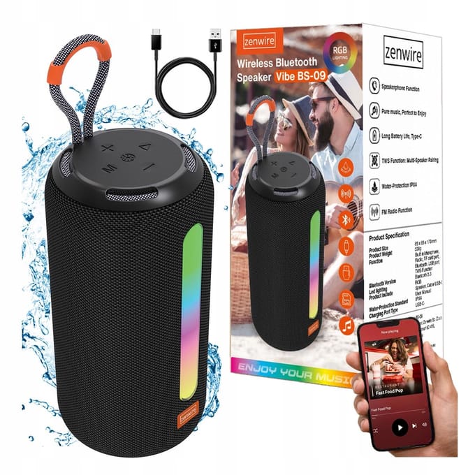 Zenwire Vibe BS-09 Bluetooth Speaker - Draadloze Draagbare Luidspreker 26W - Bluetooth 5.3 - FM Radio - IPX4 - TWS - USB-C - Micro SD - RGB