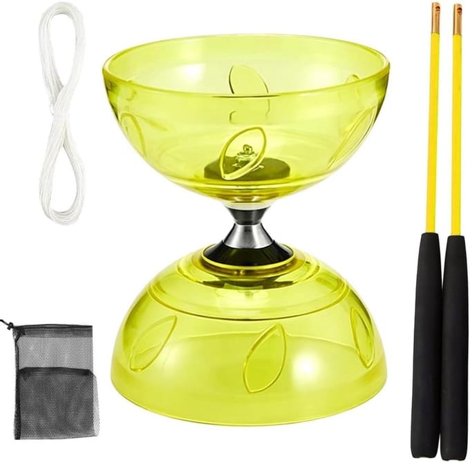 LED Diabolo - Jongleerset - Circuspret - Kogellagers - 145 cm - Geel