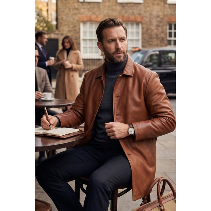 Herenbeige leren jas met lange kraag - wapen