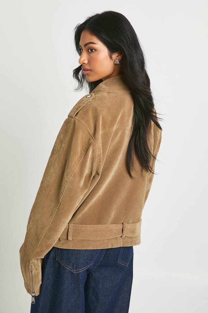 boohoo Dames Suede Look Oversized Biker Jacket | Taupe | Maat: 10
