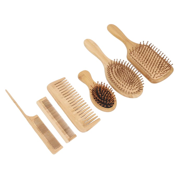 6 Stuks Kam Haar Baard Kapsel Luchtkussen Ontwarborstel Bamboe Set Kit voor Thuis Salon beige