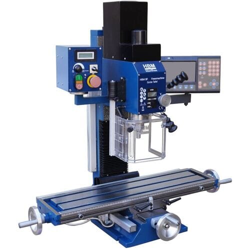 HBM BF 30 freesmachine met grote tafel, 3-assige DRO, ISO30, 1.100 W, 230 V, metalen bewerking