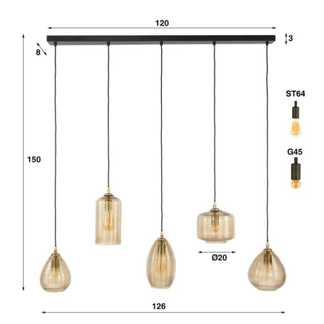 Hoyz Collection - Hanglamp Stripe Glass Horizontal 5-lichts - Smoke Bruin Glas