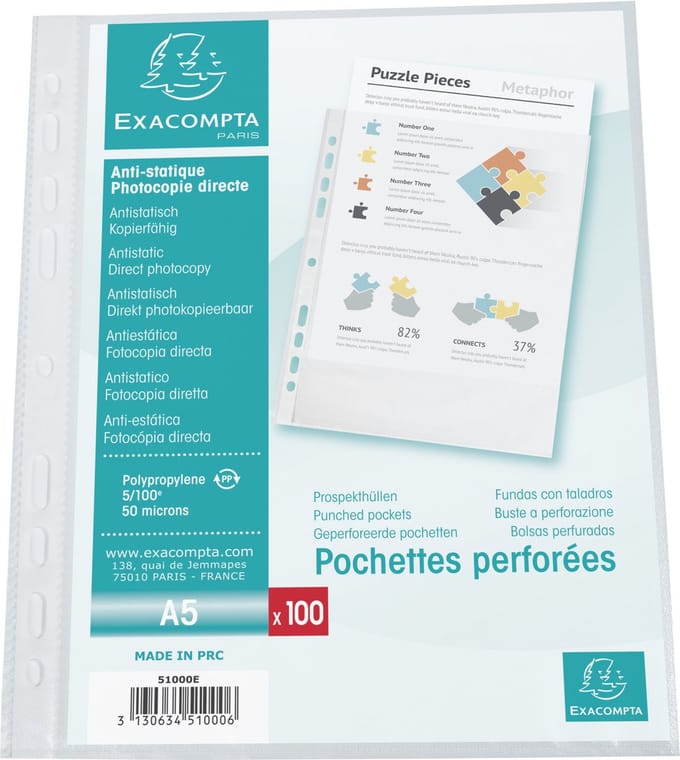 Exacompta 10x Pak van 100 geperforeerde showtassen - gestructureerde PP 5/100e - A5 - Transparant - 51000E