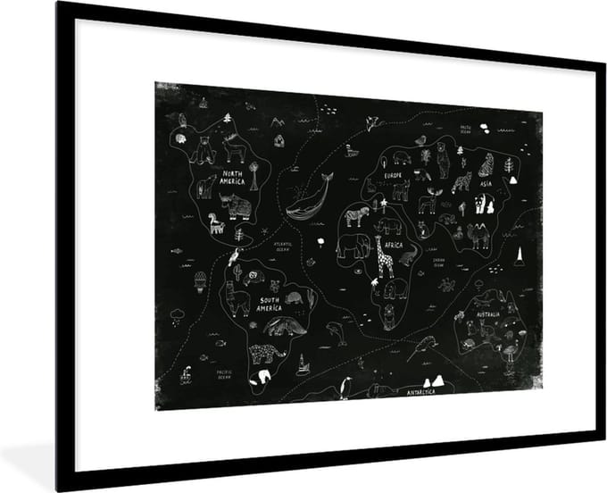 Wereldkaart - Kinderen - Zwart - Wit - Schoolplaat - Kinderkamer - 90x60 cm