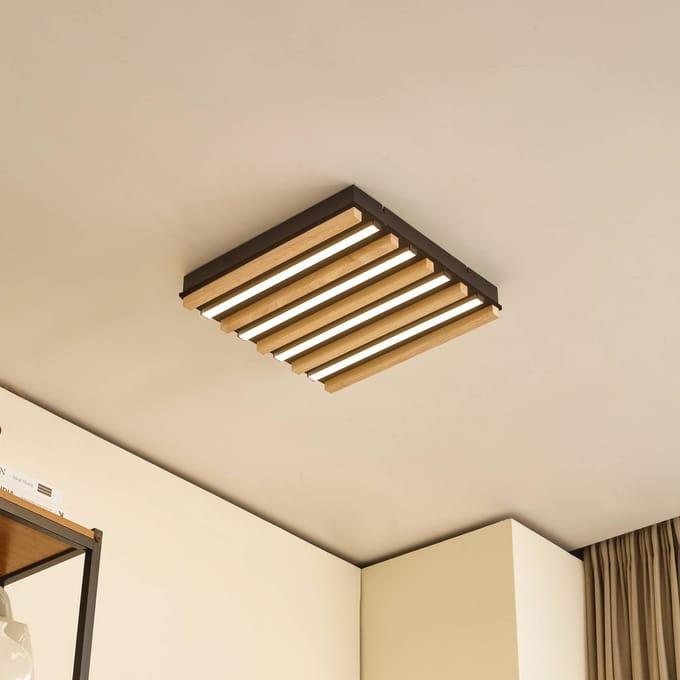 Lindby LED plafondlamp Firka, wit, hout, 42 cm, CCT, dimbaar.