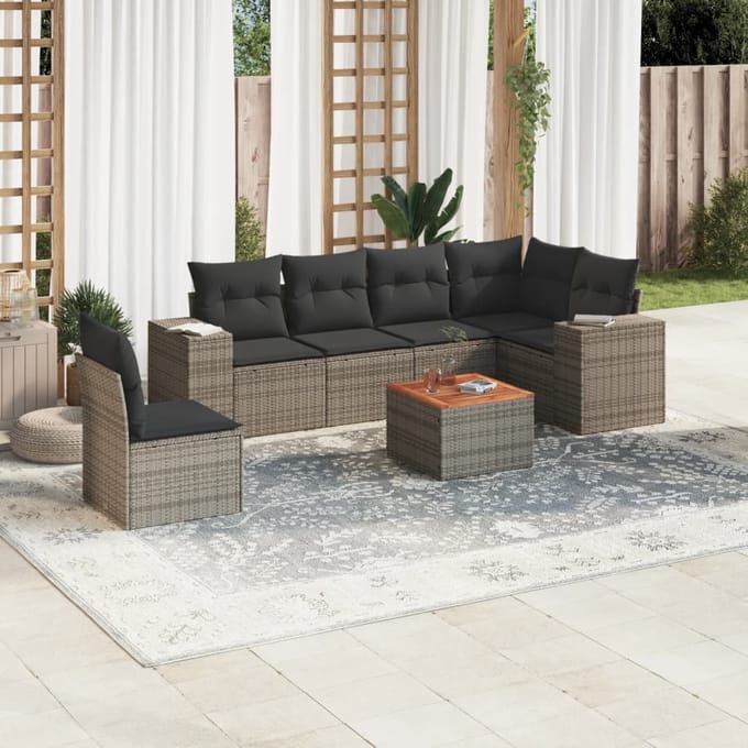 vidaXL - 7-delige - Loungeset - met - kussens - poly - rattan - grijs