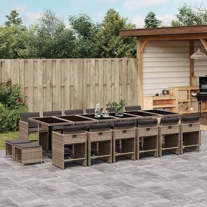 vidaXL - 17-delige - Tuinset - met - kussens - poly - rattan - grijs