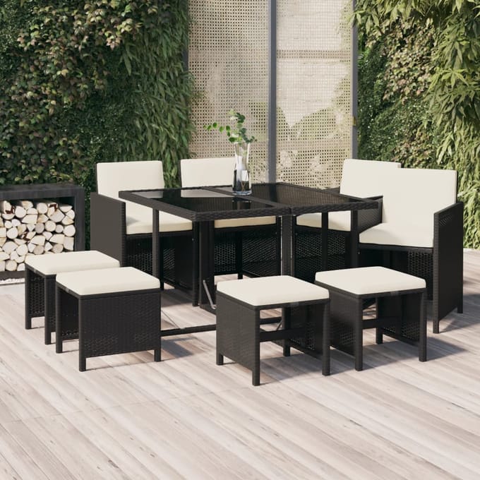 vidaXL - 9-delige - Tuinset - met - kussens - poly - rattan - zwart