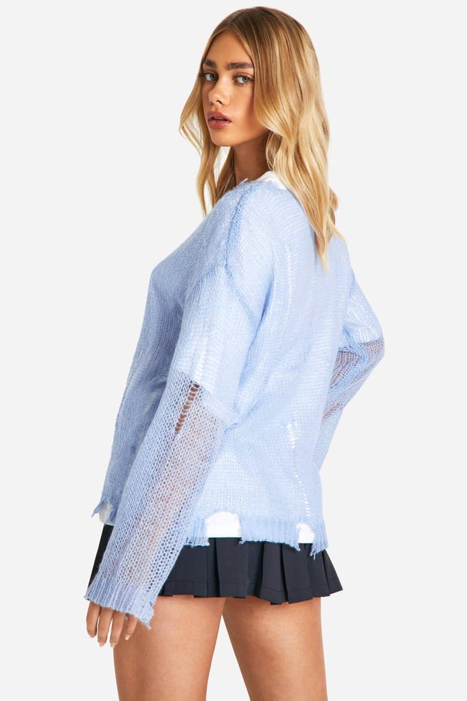 boohoo Dames Sheer Distressed Oversized Lightweight Jumper | Blauw | Maat: Medium