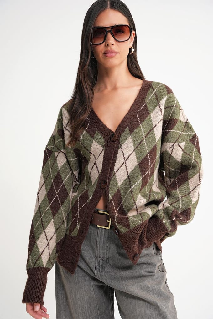 Oversized Argyle V-hals Knopen Cardigan