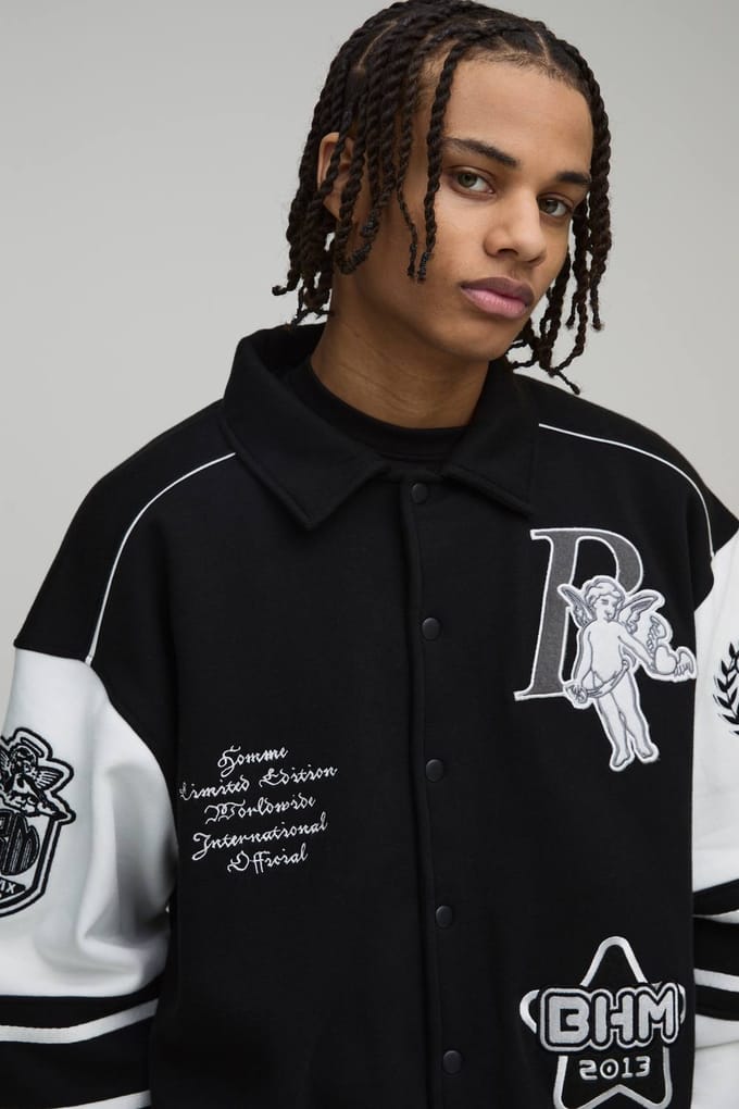 Boxy 13 Applique Jersey Varsity Bomber Jacket | Black | Size Medium