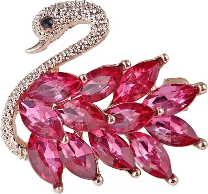 Fako Bijoux® - Broche - Zwaan - 40x36mm - Goudkleurig - Donkerroze