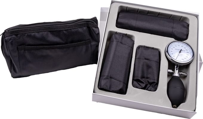 Aneroïd bloeddrukmeter set - palm type - handmatige bloeddrukmeter - drie manchetten - complete set inclusief etui
