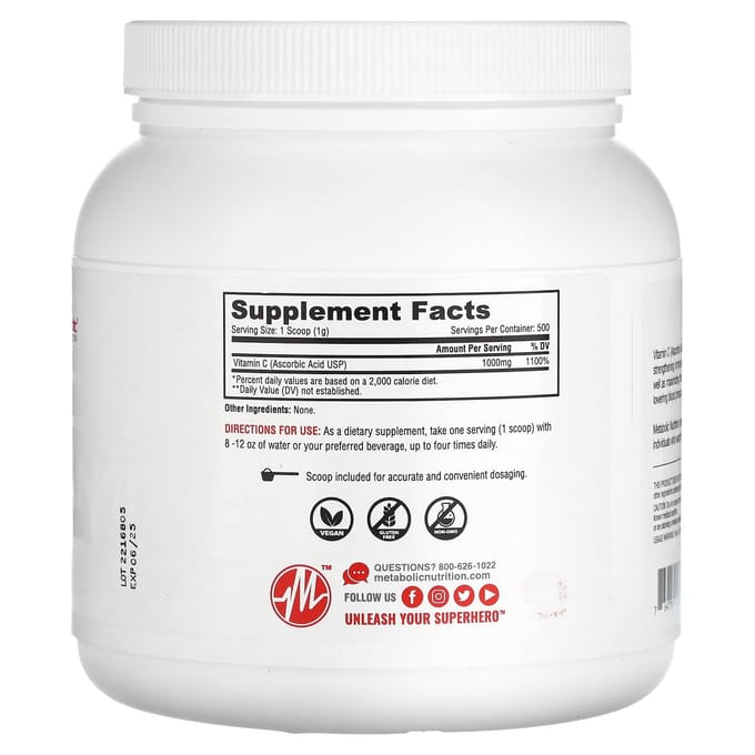 Metabolic Nutrition, Vitamine-C, Ongezoet, 500 g (500 gr)