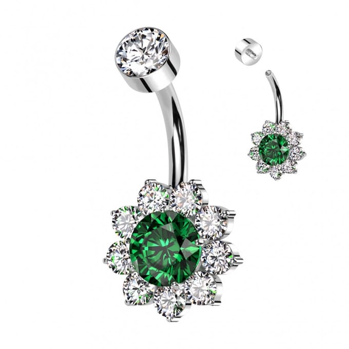Navelpiercing titanium flower wit met groen - LMPiercings
