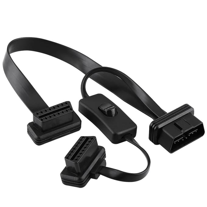 16-pins mannelijk naar dubbel vrouwelijk OBD2 splitter platte verlengkabel adapter met schakelaar black