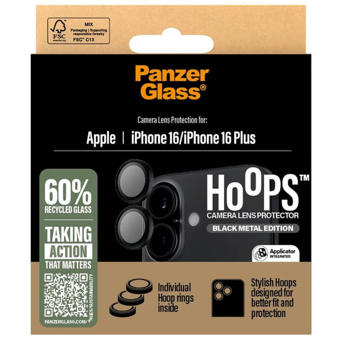 PanzerGlass Screenprotector geschikt voor Apple iPhone 16 Glazen | PanzerGlass Hoops Camera Lens Protector - Case Friendly
