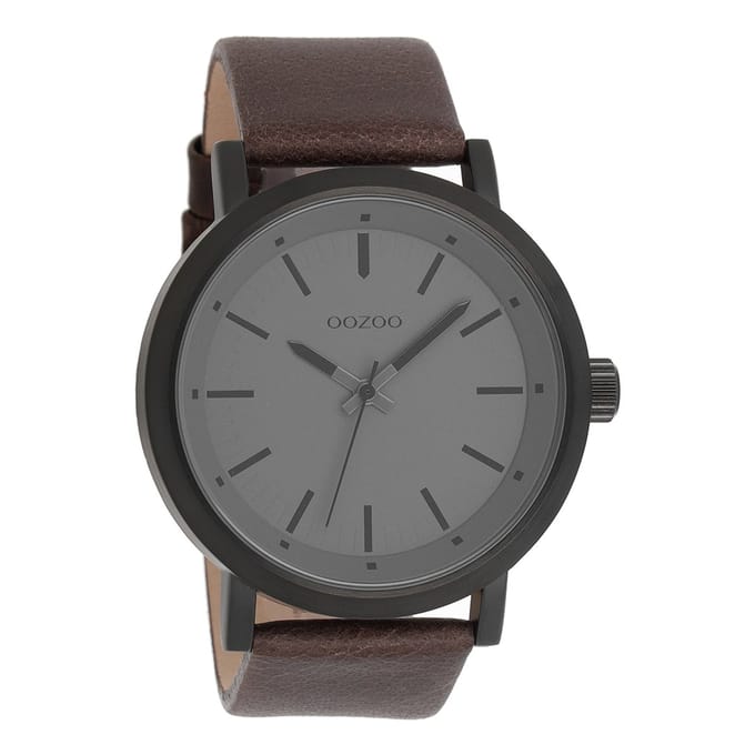 OOZOO Timepieces - Zwarte horloge met bruine leren band - C8254