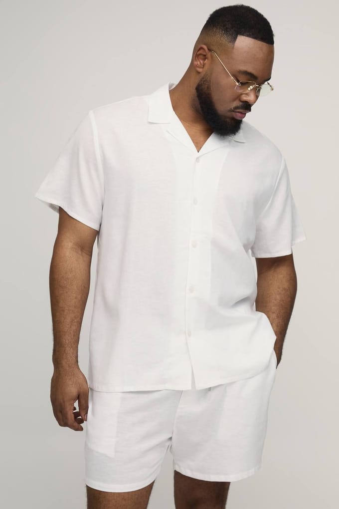 Plus Vakantie Linnen Mix Regular Overhemd & Relaxed Short Set | White | Size 4XL