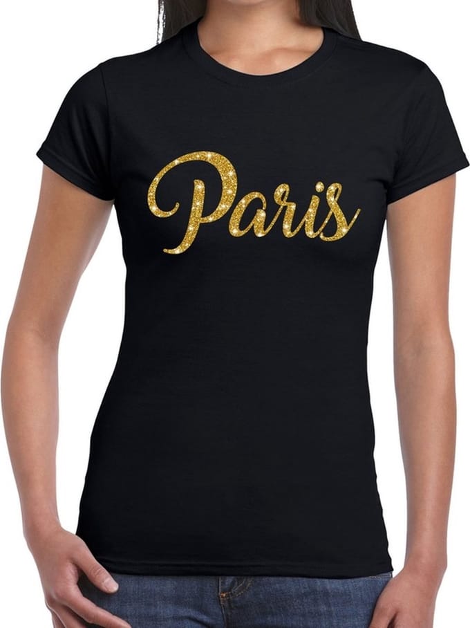 Paris gouden glitter tekst t-shirt zwart dames - dames shirt Paris S
