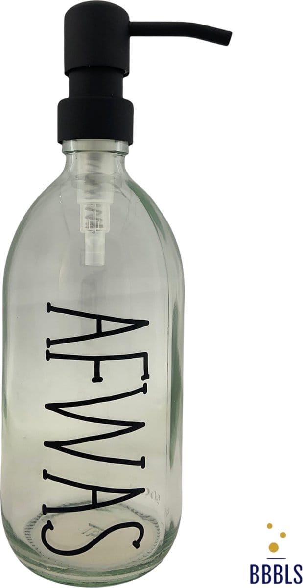 BBBLS® Design Dispenser "Afwas" | Transparant Glas | 500ml | RVS / Metaal Pomp Zwart | Zeeppomp | Zeepdispenser | Zeephouder