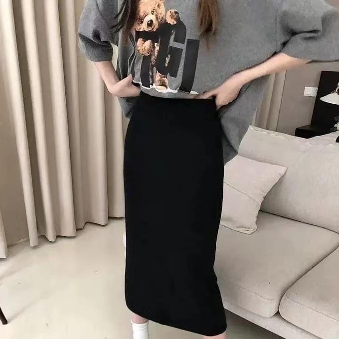 Kasjmier Roze Gebreide Rok met Hoge Taille Split Winter Trui Midi-lengte One-step Rok met Heuprok Zachte Stijl One size gray