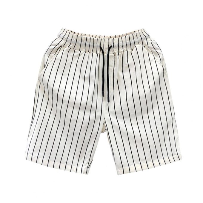 Short d'été pour homme avec taille élastique et cordon de serrage réglable, imprimé rayé, style urbain, poches, jambes larges, short décontracté M blanc