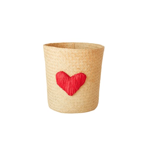 Rice raffia mandje rond, formaat 26 cm., kleur hart rood